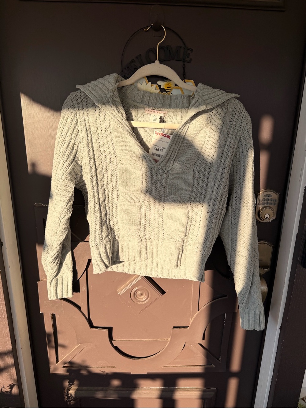Sincerly Jules Light Gray Cable Knit V-Neck Hooded Sweater